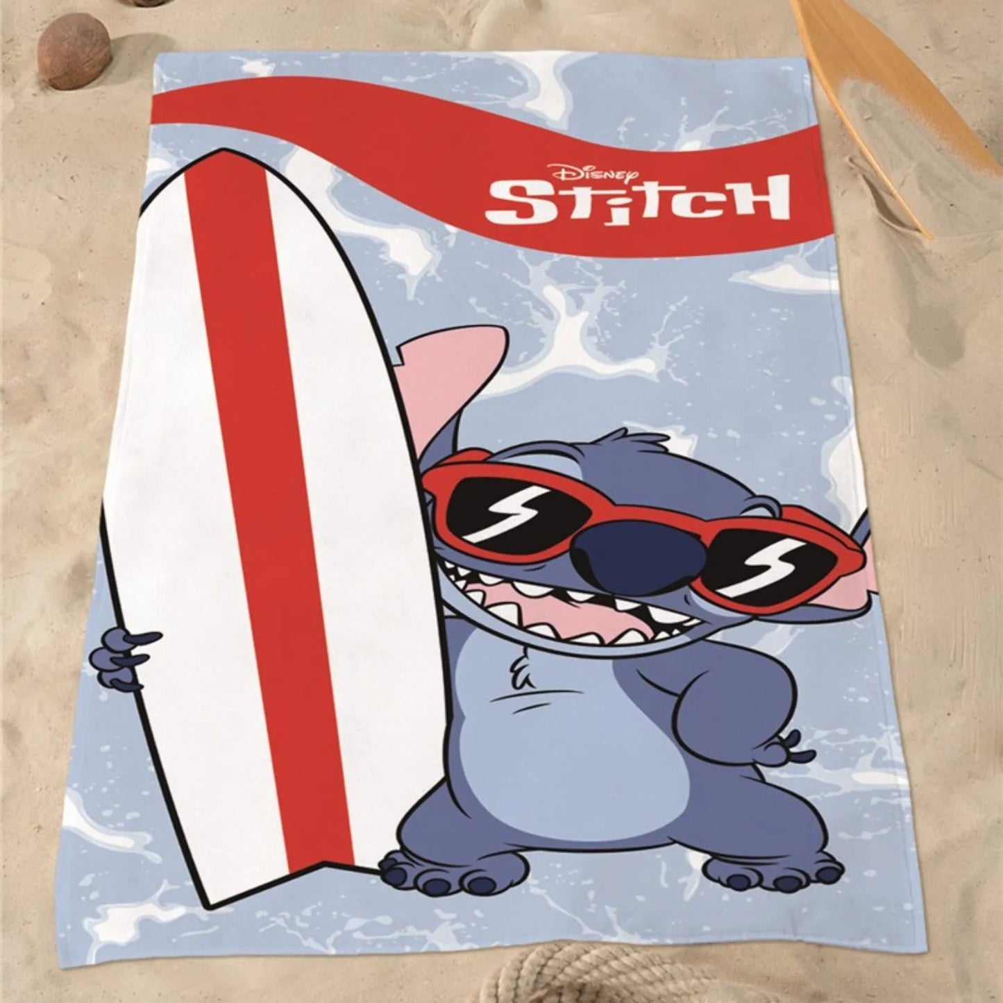 Toalha infantil do Stitch com prancha de surf, tema praia, cor azul, acessório para crianças