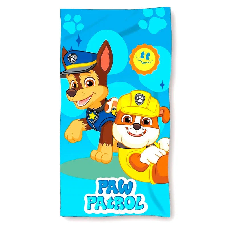 Toalha de praia infantil microfibra Patrulha Pata com personagens coloridos, azul vibrante