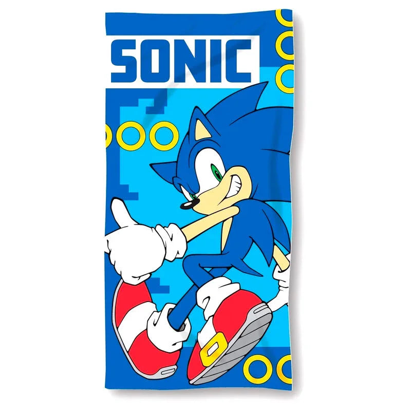 Toalha de praia infantil microfibra azul com estampa do personagem Sonic.