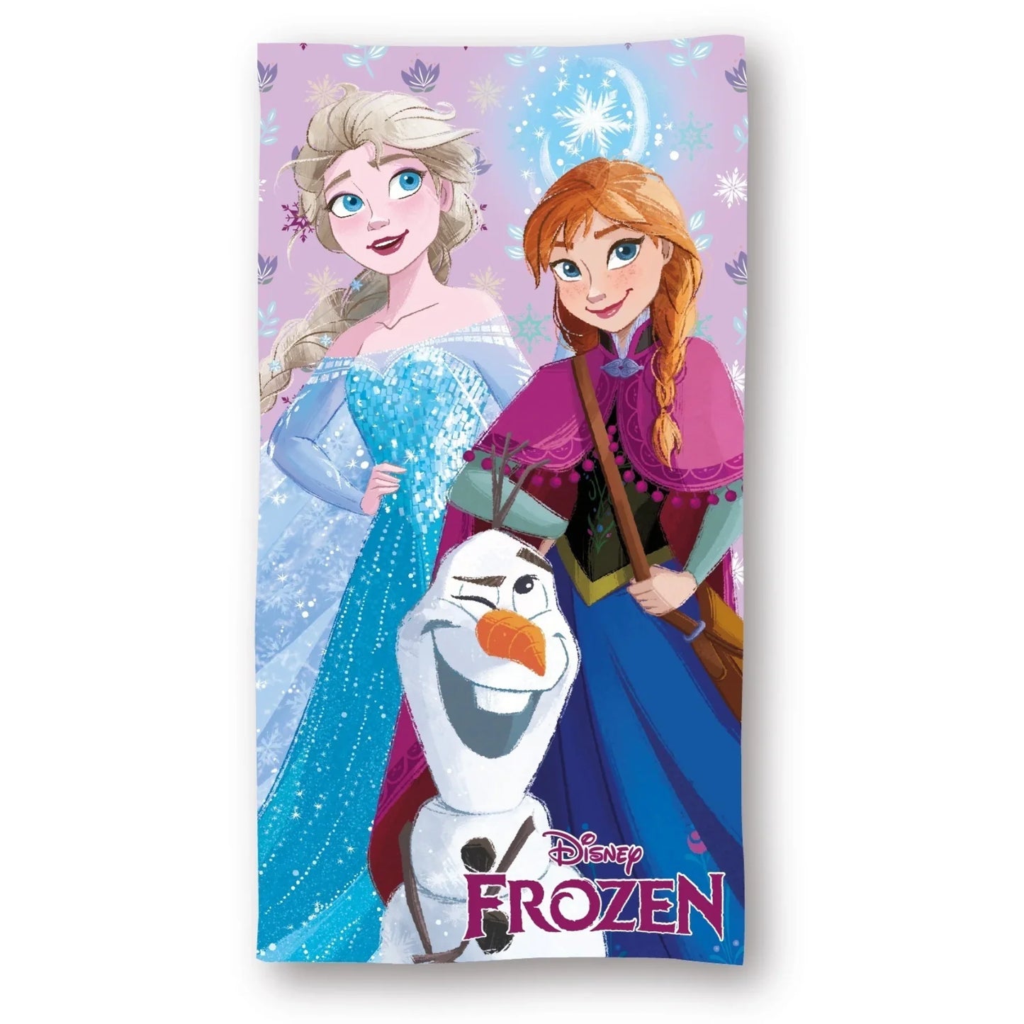 Toalha de praia infantil com personagens Frozen Elsa, Anna e Olaf em fundo lilás decorado.