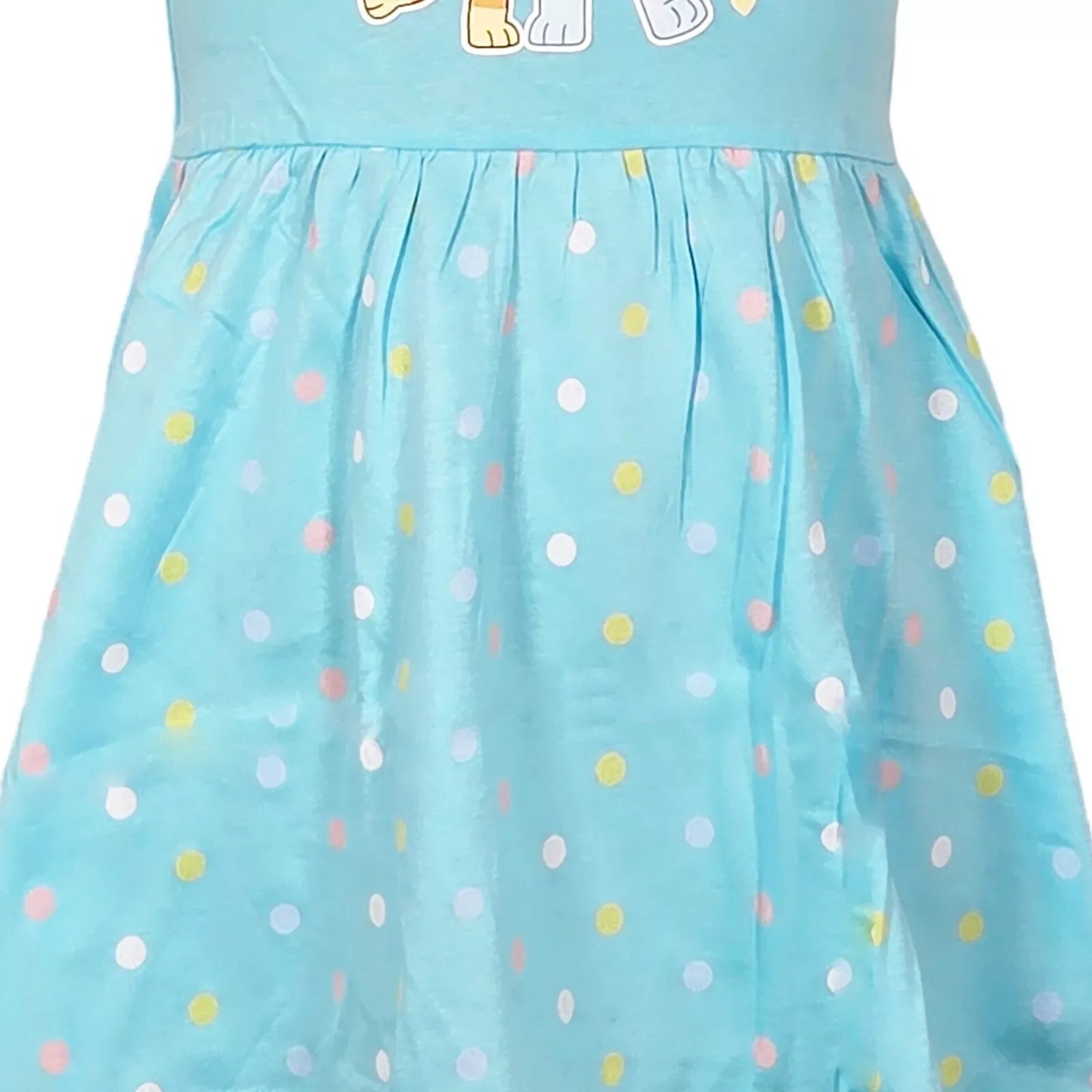 Vestido infantil azul claro com estampa de bolinhas coloridas, ideal para meninas