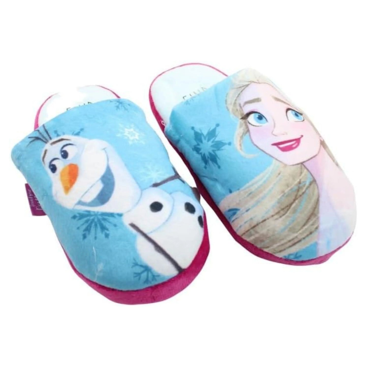 Chinelo infantil azul com personagens de Frozen 2, Olaf e Elsa, em fundo de flocos de neve.