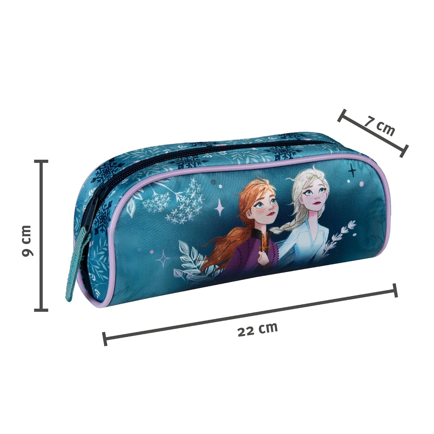 Estojo infantil azul com personagens Anna e Elsa, tema Frozen, dimensões 22x9x7 cm.