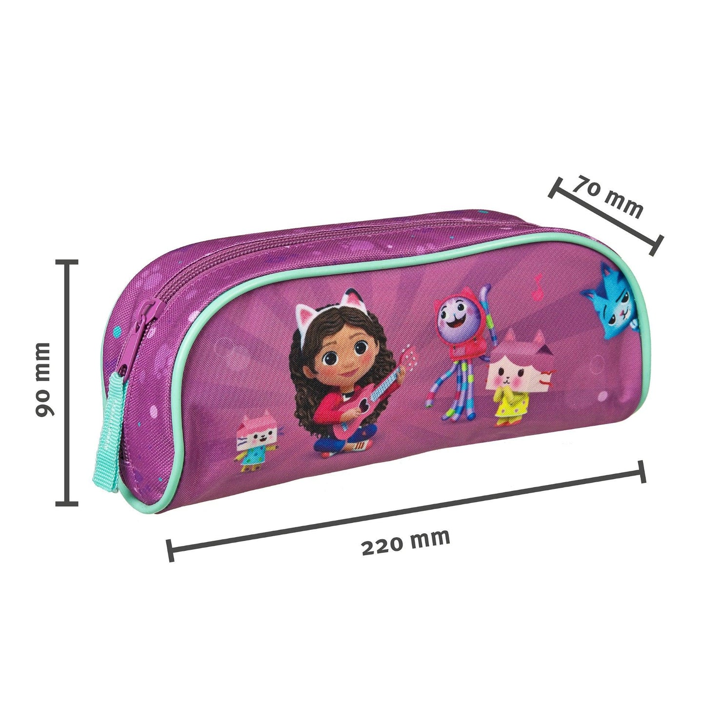 Estojo infantil roxo com personagens animados, medidas 220x90x70 mm, acessório escolar.