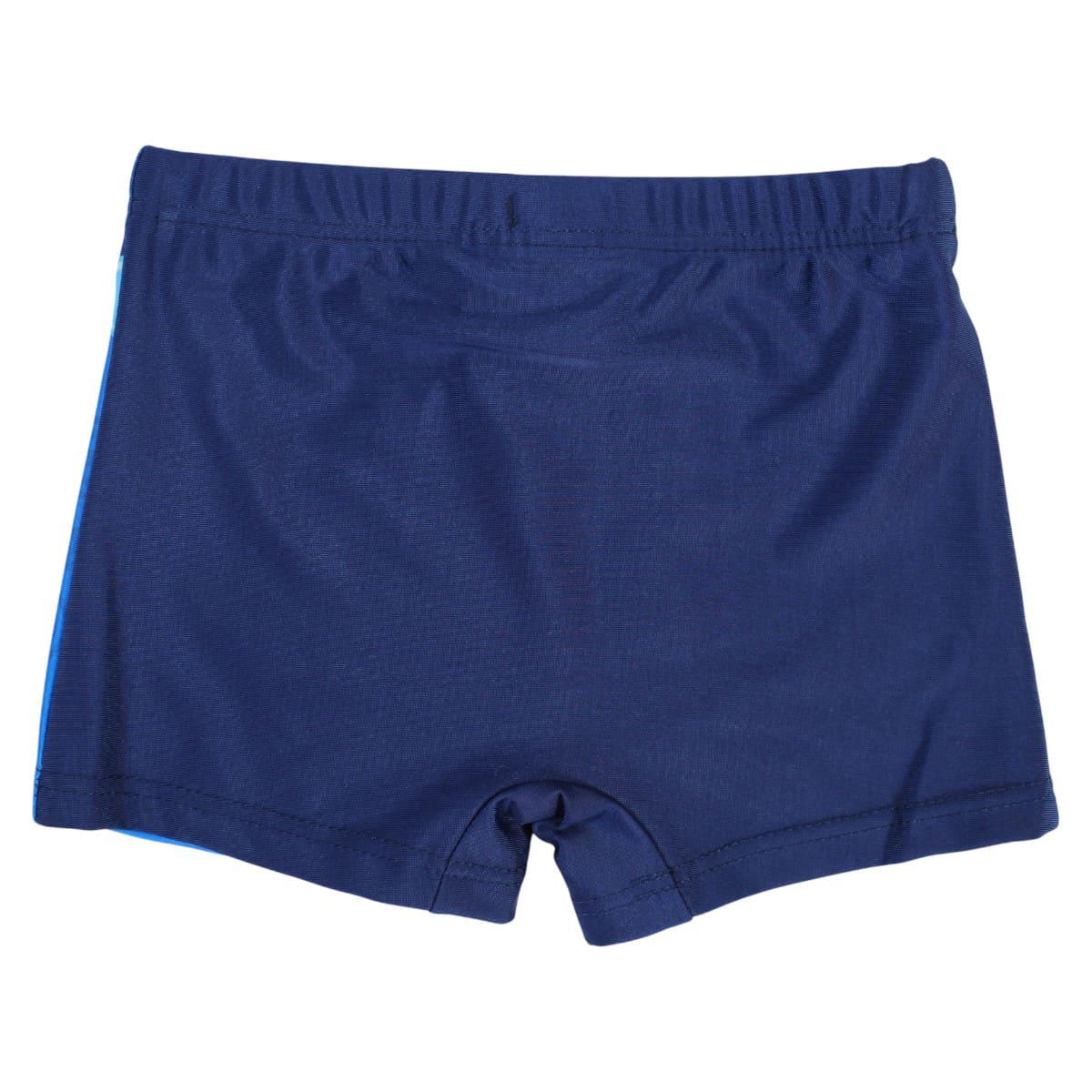 Sunga infantil azul marinho lisa com elástico, vista traseira, moda praia para crianças.