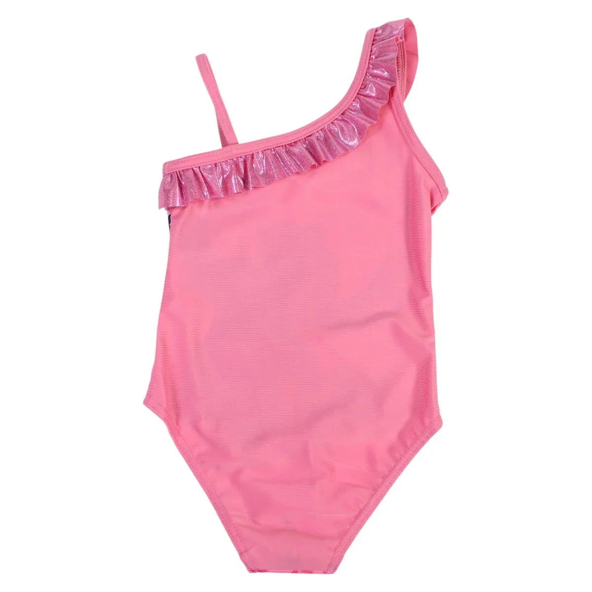 Maiô infantil rosa com babado metálico, alça única, moda praia para meninas.