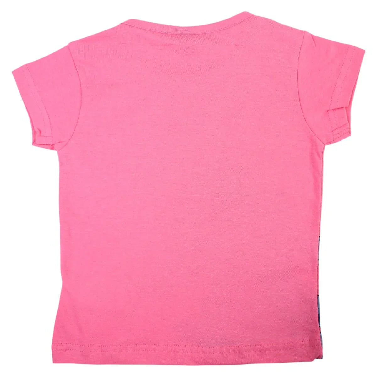 Camiseta infantil rosa de algodão com mangas curtas, vista traseira, moda infantil.
