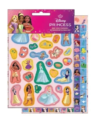Cartela de autocolantes infantis das princesas Disney com personagens coloridas e detalhes divertidos.