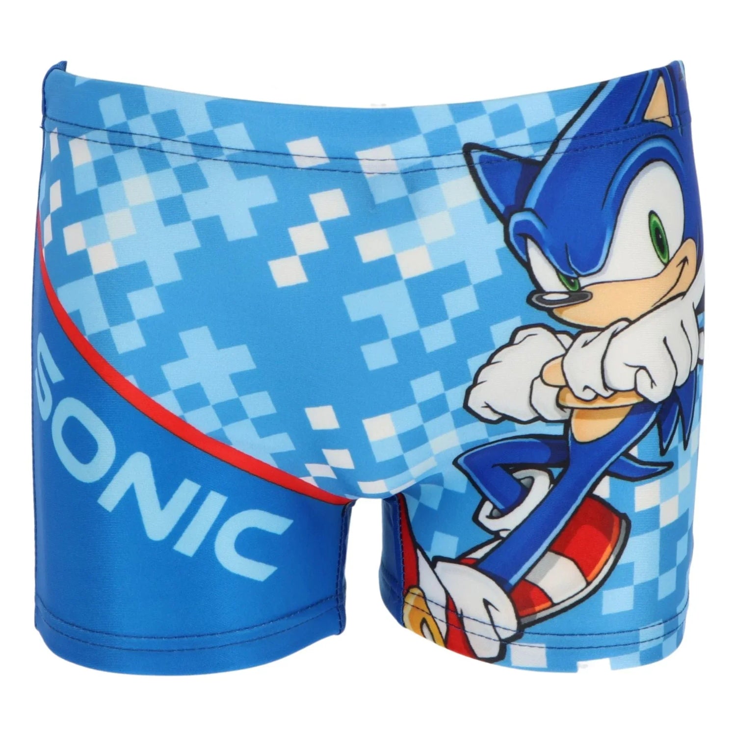 Calção de banho infantil azul com estampa do Sonic, personagem de videogame.
