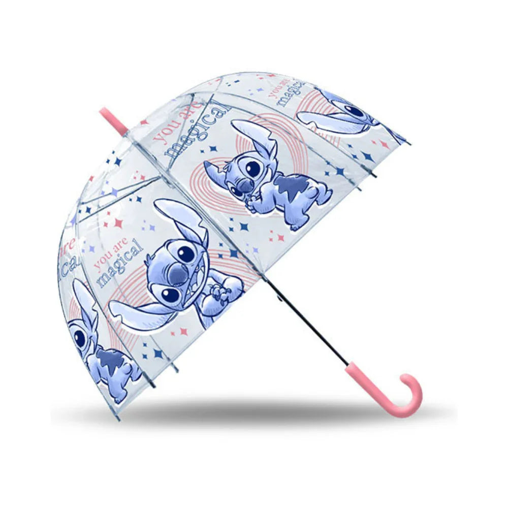 Guarda-chuva infantil transparente com estampas do Stitch e cabo rosa, acessório para crianças
