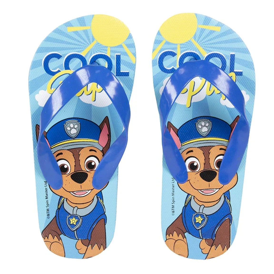Chinelo infantil azul com estampa de personagem de desenho animado policial, ideal para crianças.