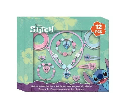 Conjunto infantil de 12 acessórios de cabelo Disney Stitch, com tiaras, pulseiras e presilhas coloridas em embalagem temática.