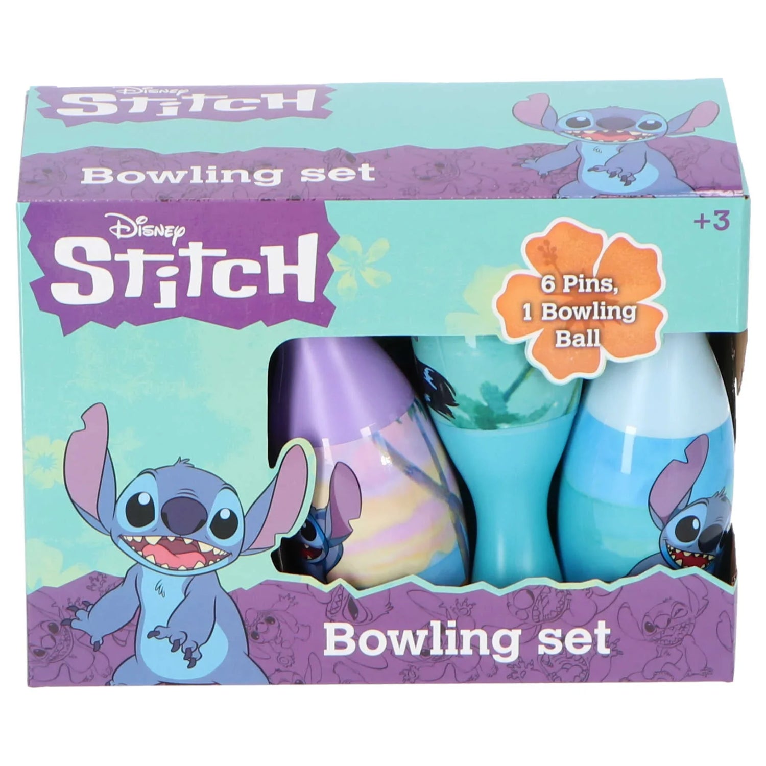 Conjunto de boliche infantil Stitch, caixa colorida com 6 pinos e 1 bola para crianças.