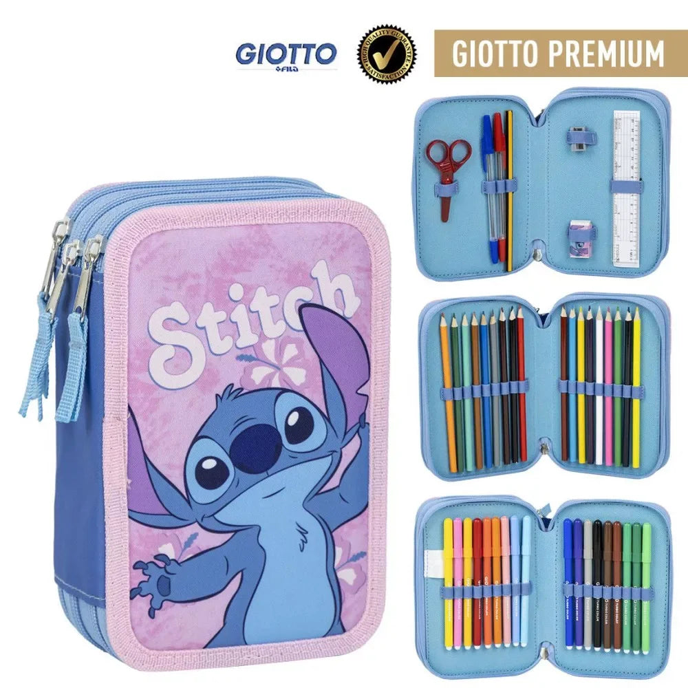 Estojo escolar triplo Stitch com lápis de cor, canetas, réguas e tesoura infantil.