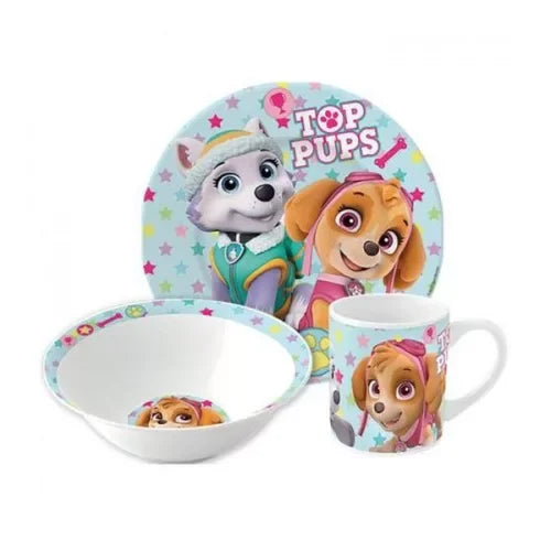 Conjunto de refeição infantil em cerâmica com personagens da Patrulha Canina, prato, tigela e caneca.