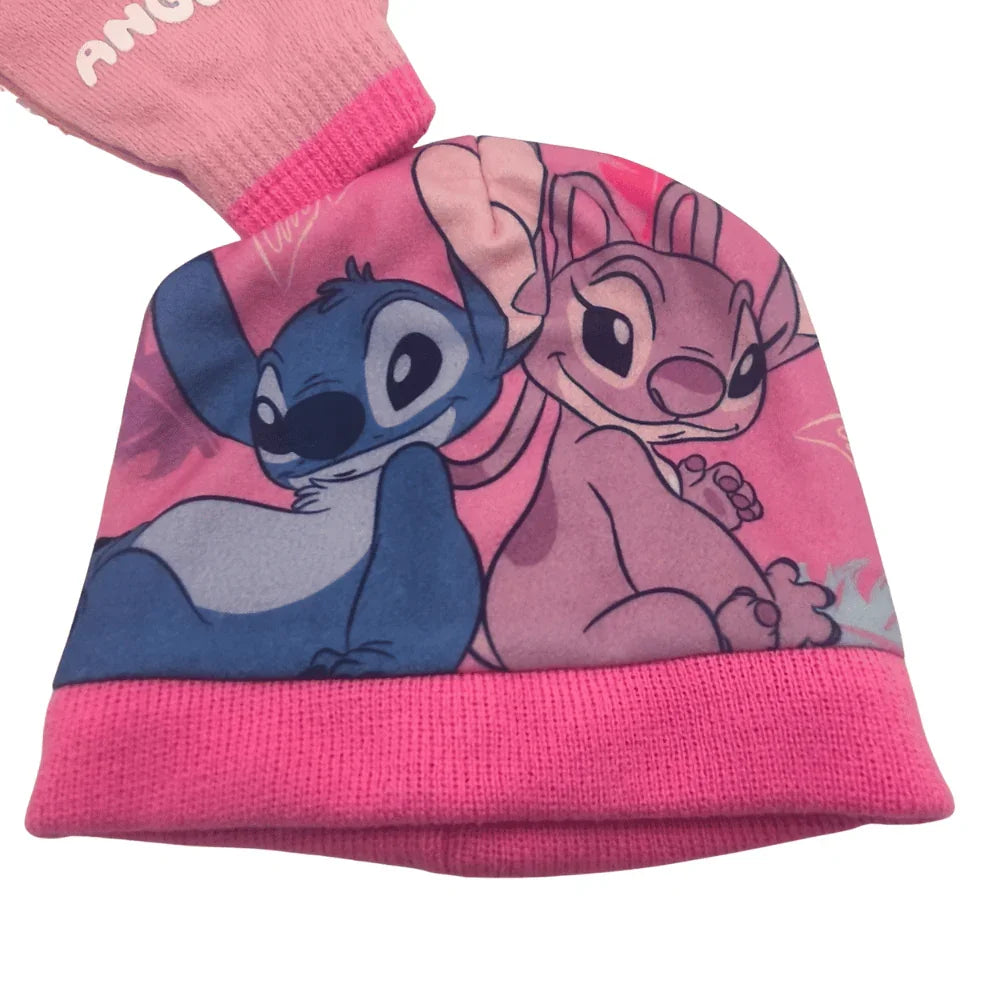 Conjunto infantil de gorro e luvas rosa com personagens Stitch e Angel para crianças