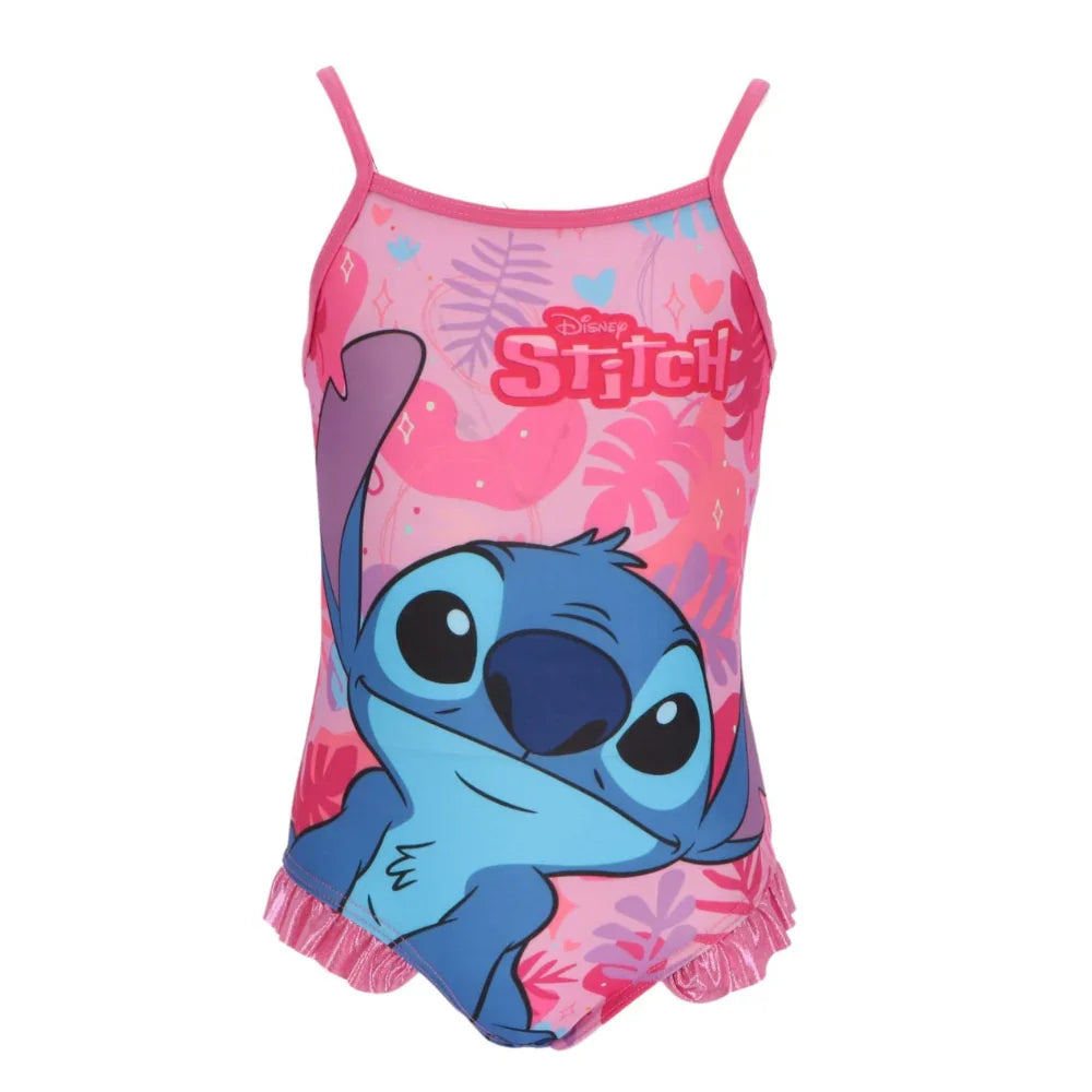 Fato de banho infantil rosa com estampa do Stitch, alças finas, tema Disney.