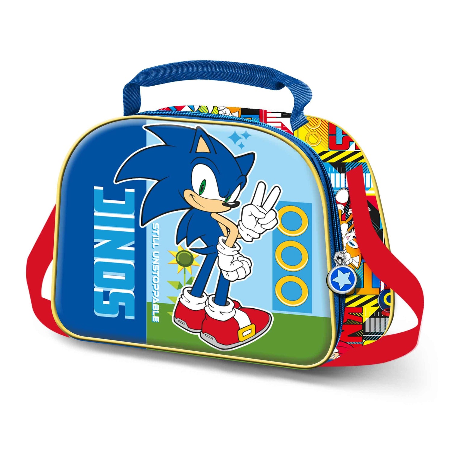 Lancheira infantil do Sonic azul e colorida com alça vermelha, estampa do personagem e argolas douradas.