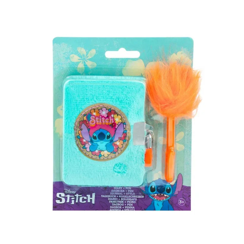 Mini diário azul do Stitch com cadeado e caneta laranja peluda para crianças.