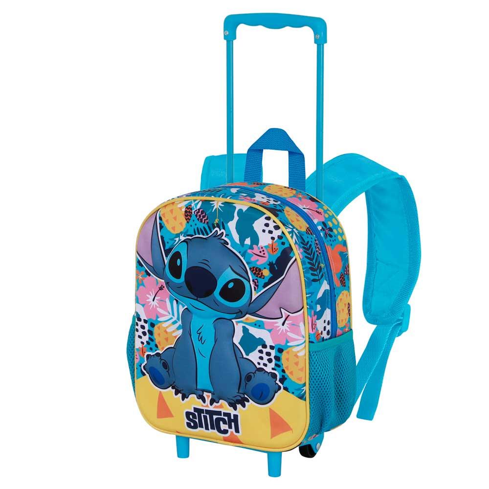 Mochila infantil 3D com rodas azul, estampa Stitch colorida, alças ajustáveis e puxador.