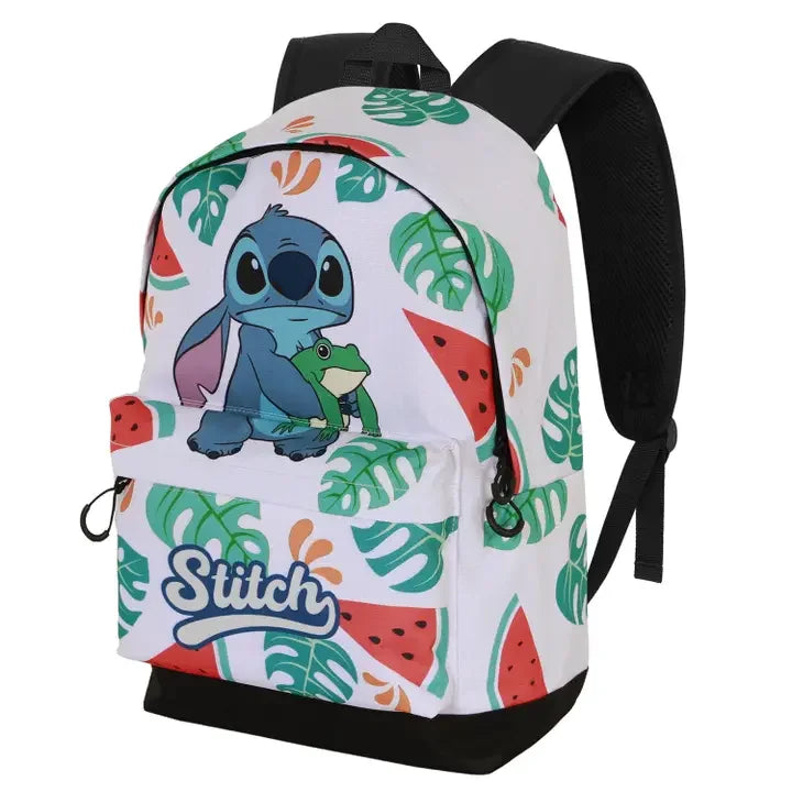 Mochila infantil branca com desenho do Stitch, folhas tropicais e fatias de melancia.