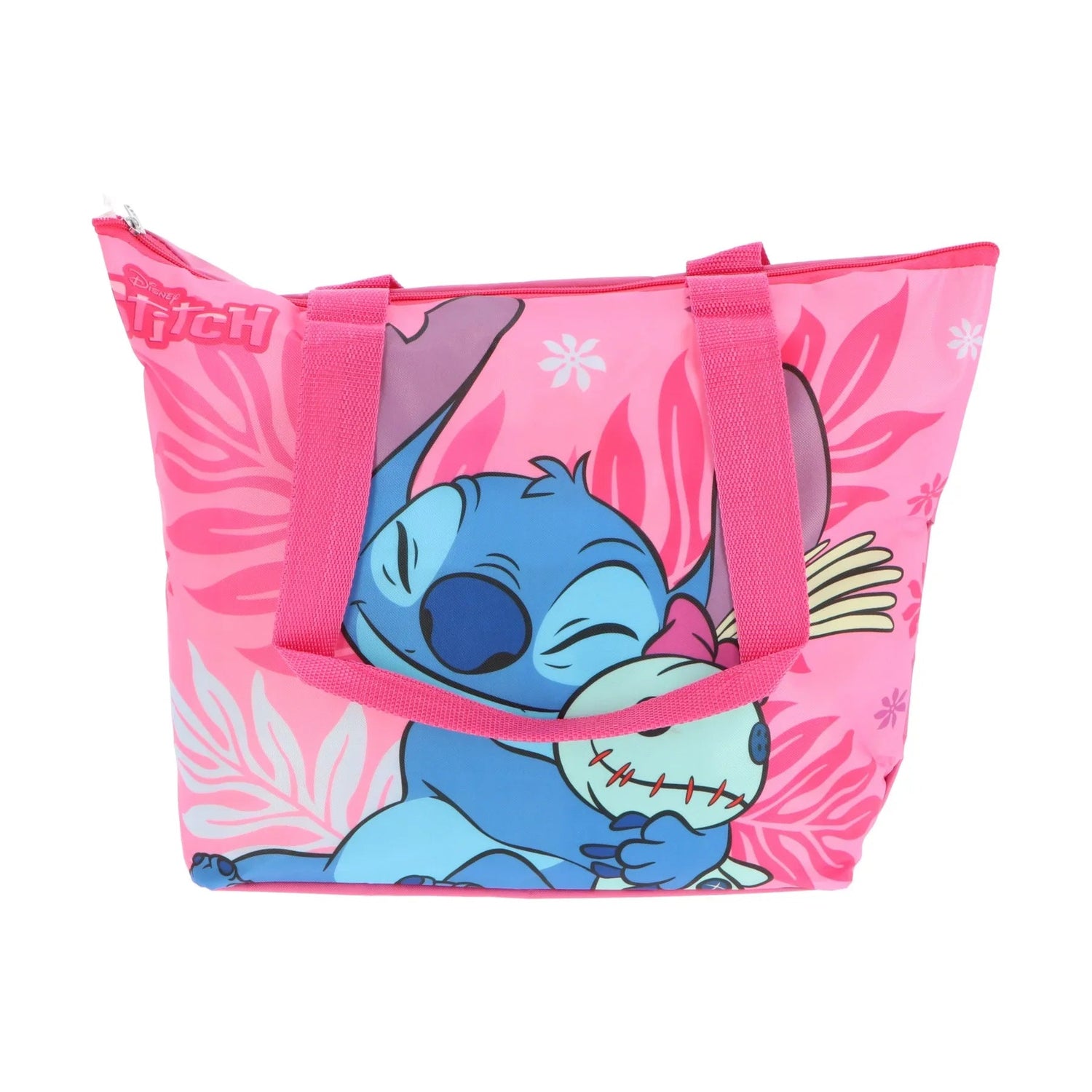 Saco de praia infantil rosa com o personagem Stitch, estampa floral e alças rosas.