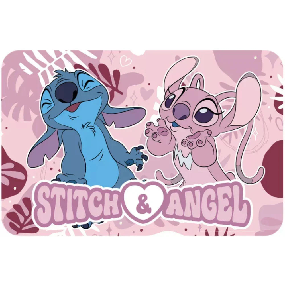 Ilustração infantil de Stitch e Angel em fundo rosa com folhas tropicais e corações