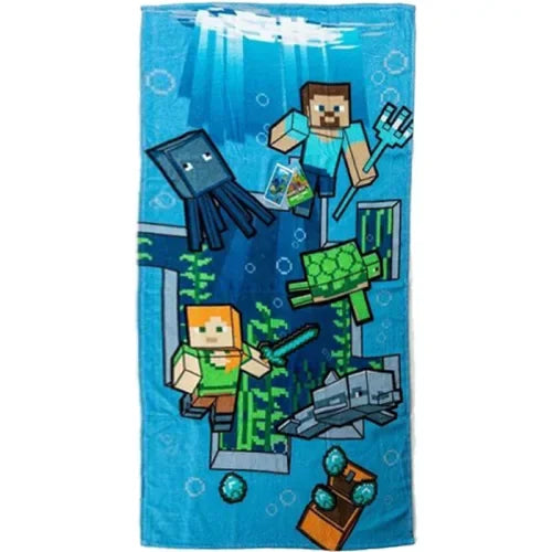 Toalha de praia infantil azul com personagens aquáticos do Minecraft em algodão, tema oceano.