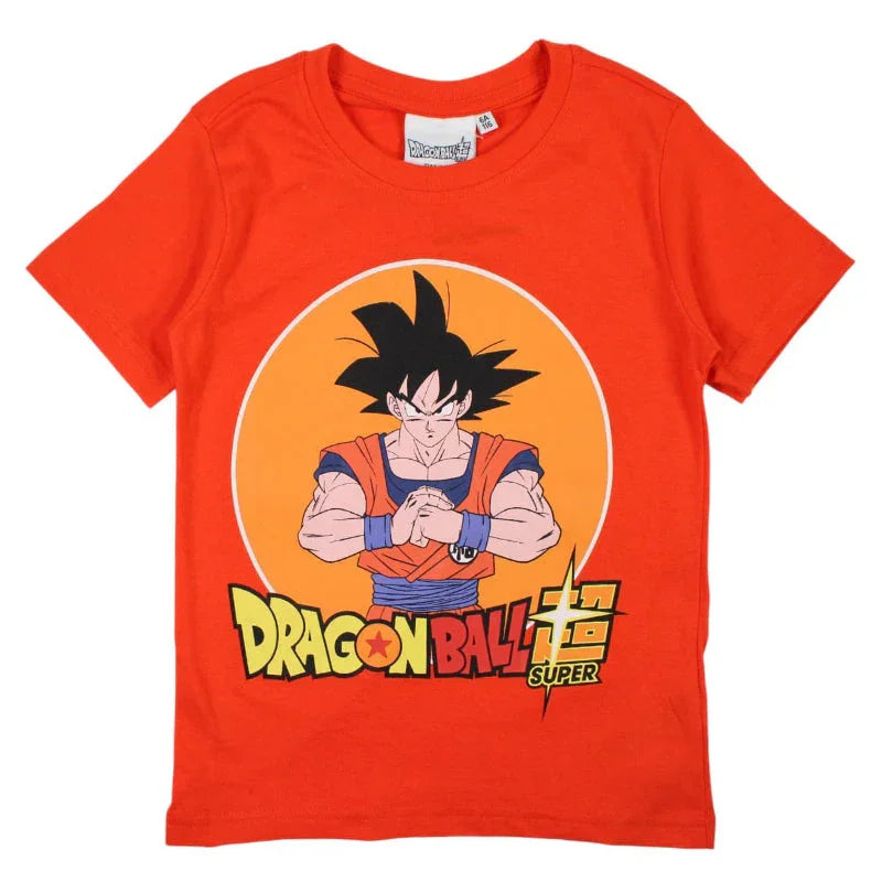 Camiseta infantil laranja com estampa do personagem Goku de Dragon Ball Super