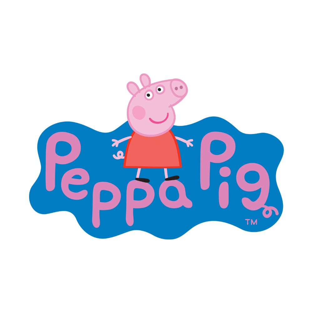 Logotipo Peppa Pig com personagem infantil em vestido vermelho sobre fundo azul