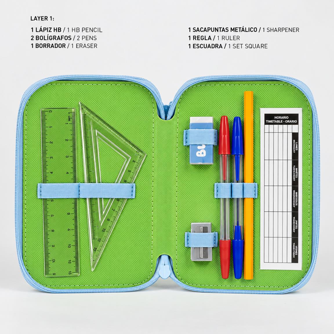 Set escolar Bluey con estuche triple.