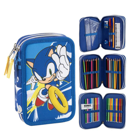 Conjunto Escolar Sonic Power Sun com estojo triplo