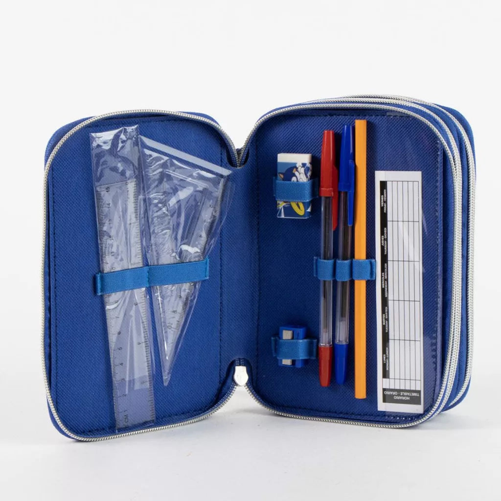 Conjunto Escolar Sonic Power Sun com estojo triplo