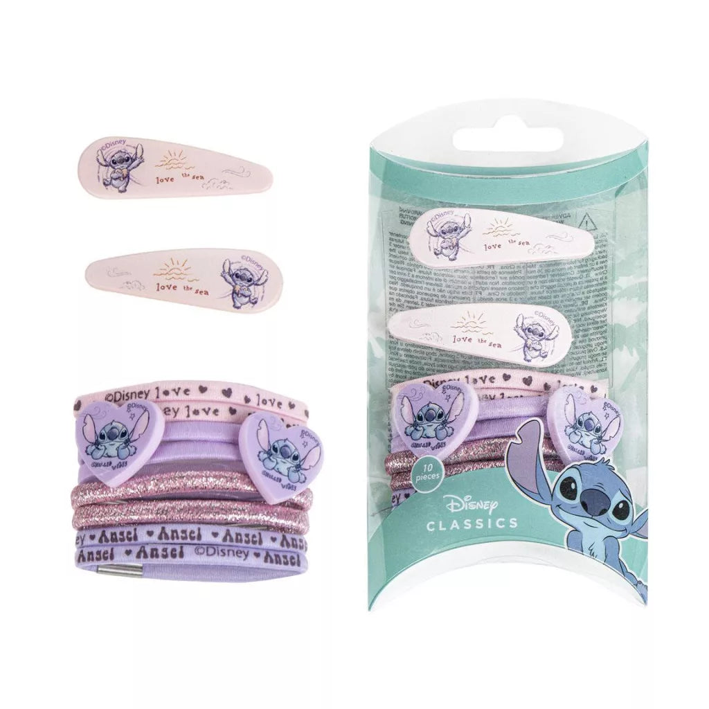Conjunto ganchos e elásticos cabelo Stitch Love the Sea