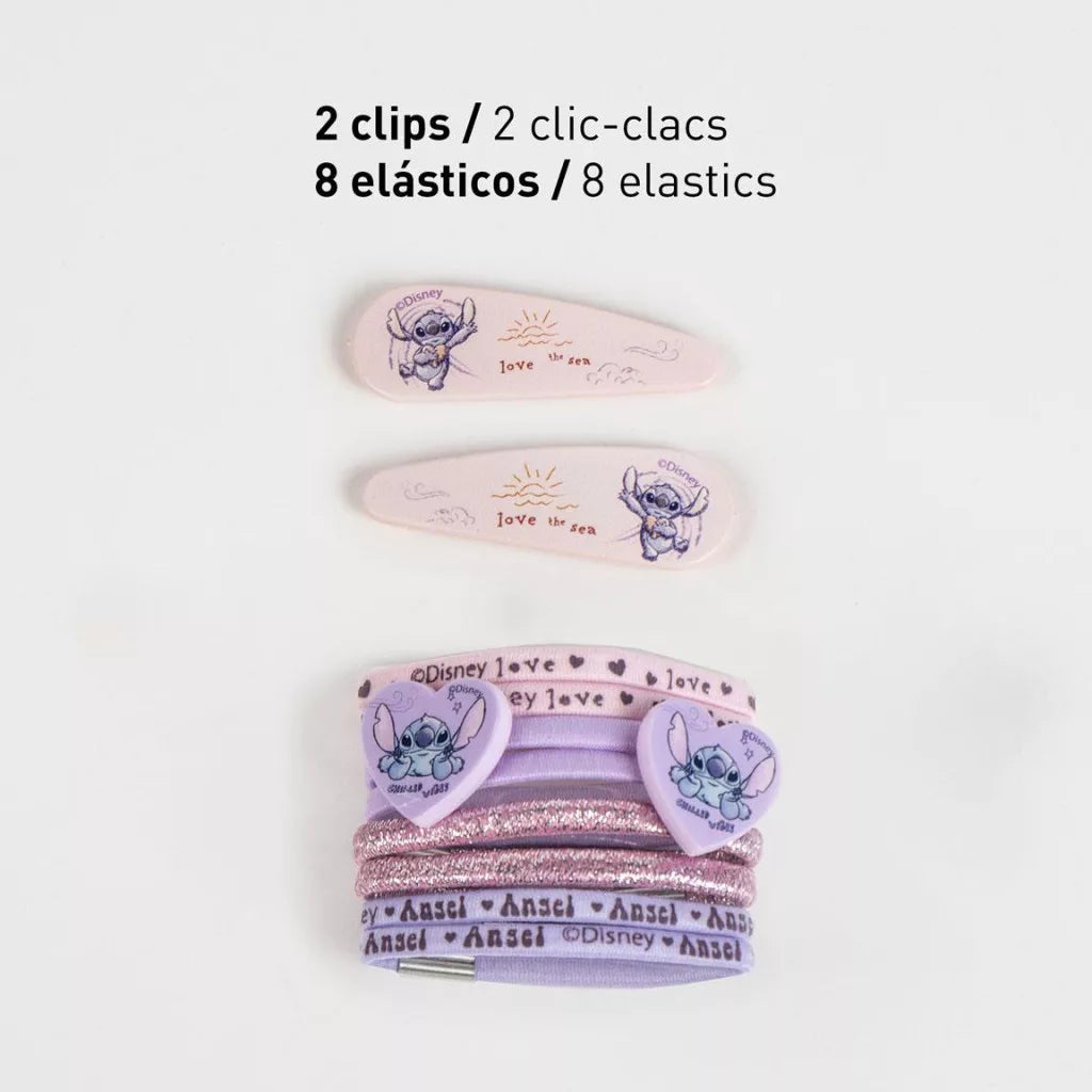 Conjunto ganchos e elásticos cabelo Stitch Love the Sea