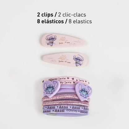 Conjunto ganchos e elásticos cabelo Stitch Love the Sea