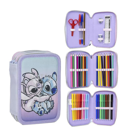Conjunto Escolar Stitch e Angel com estojo triplo
