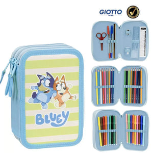 Conjunto escolar infantil Bluey com estojo azul, lápis de cor, canetas, tesoura e acessórios
