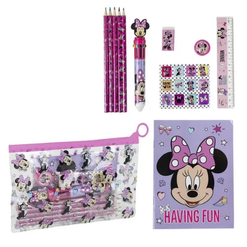 Conjunto Escolar Minnie com estojo transparente