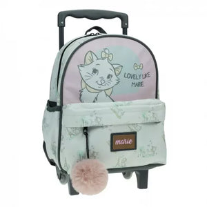 Mochila infantil com rodinhas, tema Marie, cor branca e rosa, estampa de gatinha e pompom.