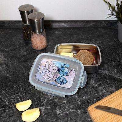Sanduicheira infantil inox com personagens Stitch e Angel, ideal para lanches escolares.