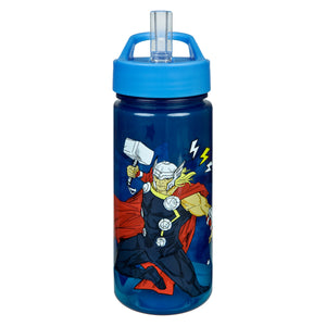 Garrafa infantil azul com ilustração do Thor dos Avengers, tampa e canudo, acessório escolar.